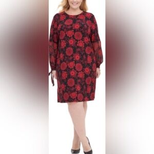 Tommy Hilfiger Size 18W Red & Black Floral Print Chiffon Tie Sleeve Shift Dress